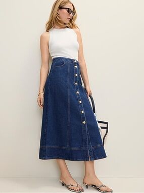 Ann Taylor Petite Buttoned Denim Midi Skirt medium blue wash size 2 NWT